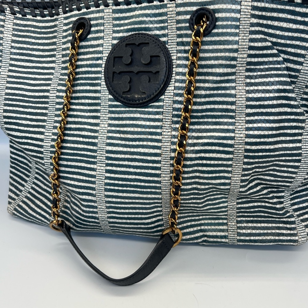 Tory Burch Navy and White Striped Chain-Handle Tote - Picture 3 of 9